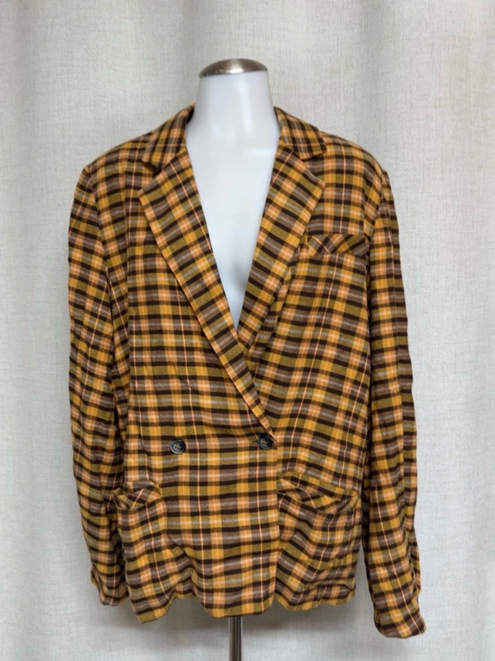We The Free Yellow and Brown Plaid Oversized Double-Breasted Blazer